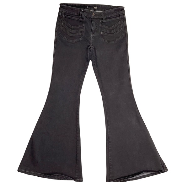 Free People Denim - Free People Jeans Women 32W 31.5L Black Flare Chevron Stitch 70s Penny Lane VTG